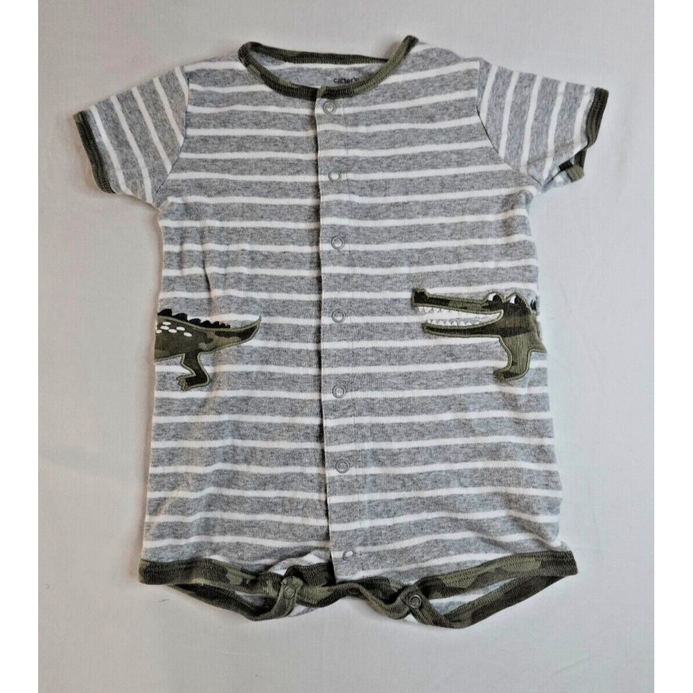 Carter's Baby Romper 12M Gray Striped Alligator Snap Up Bodysuit Unisex Cute‎